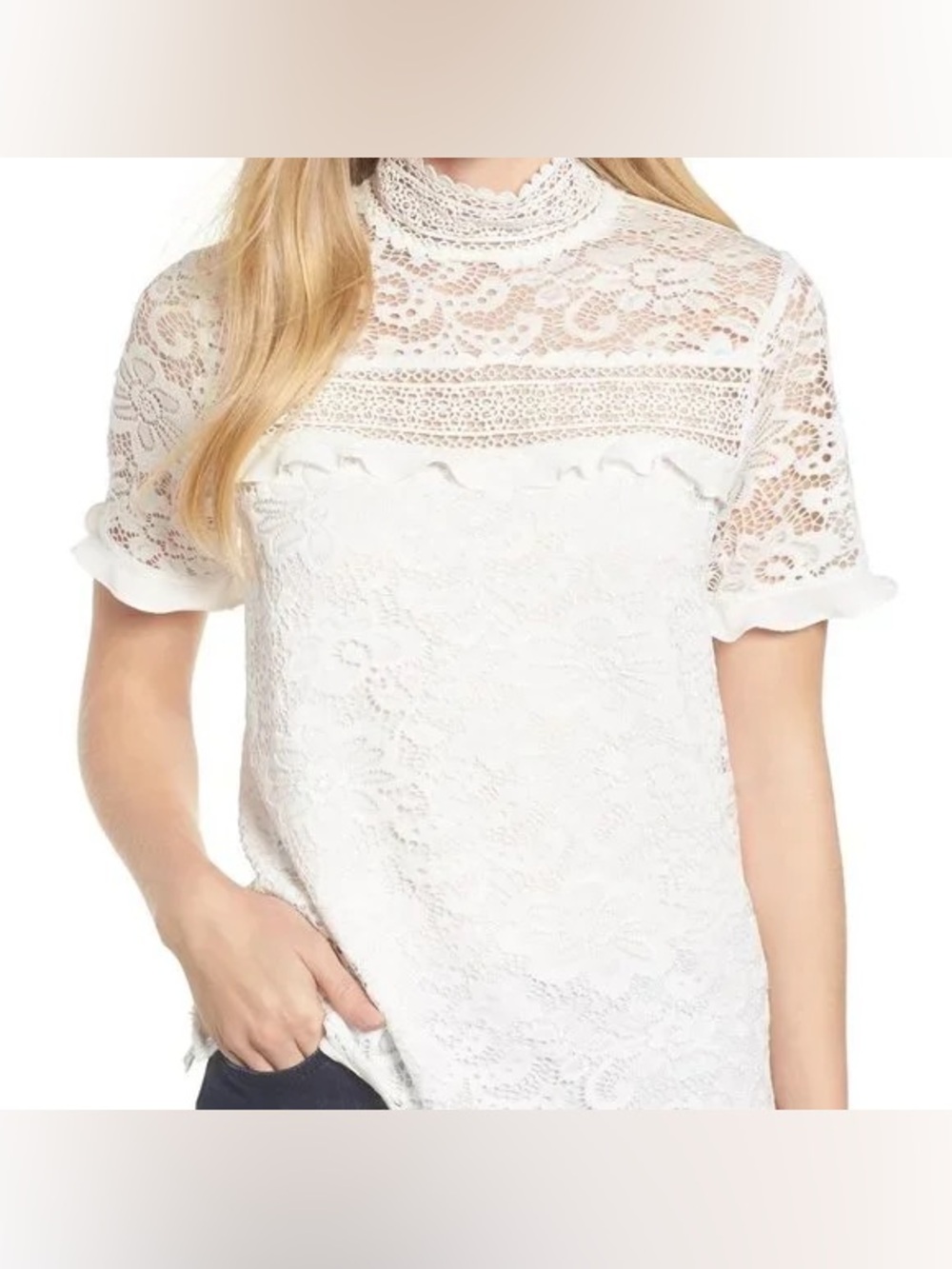 Gibson XS white Lace Crochet Detail Mock Neck Ruffle Blouse Women Nordstrom